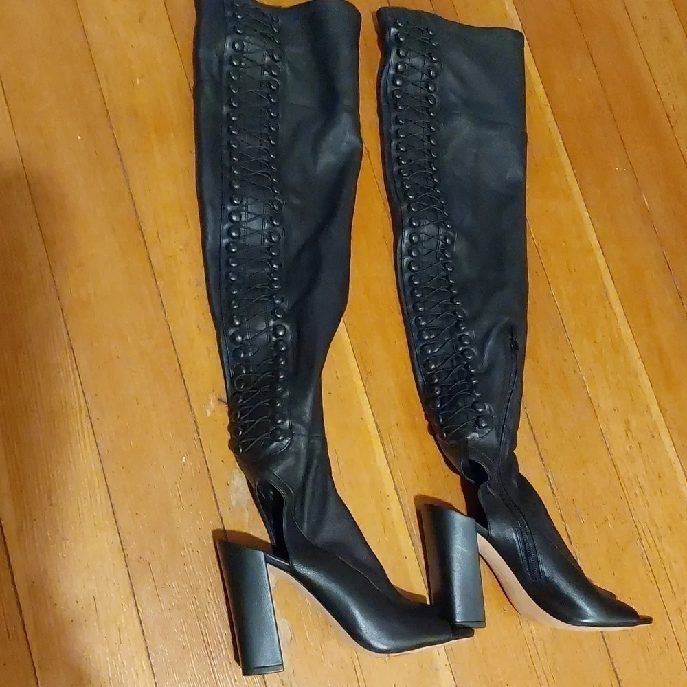 VC John Camuto Black Lamb leather OTK Thigh high Cut out Punk Sexy Boots S.7.5